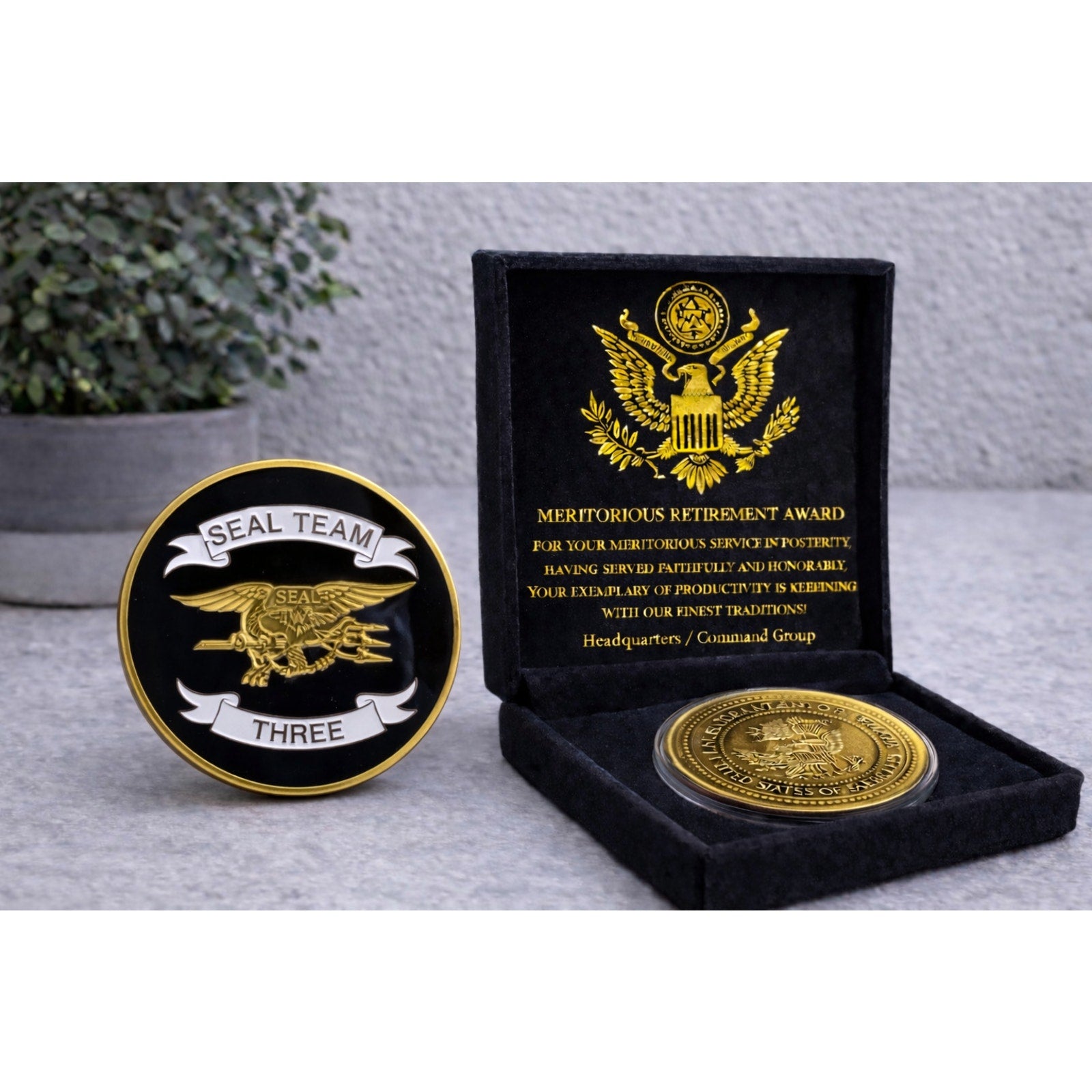 US NAVY SEAL TEAM THREE Challenge Coin USA w/ Retirement Award