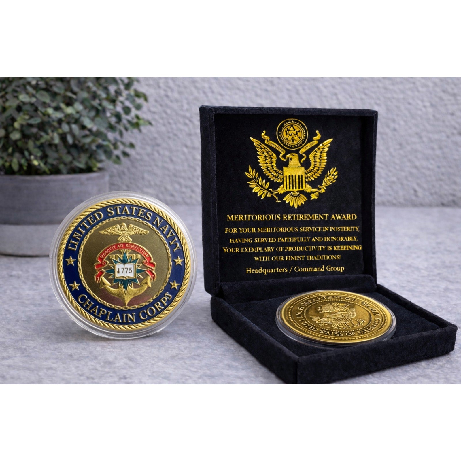 U S NAVY CHAPLAIN CORPS Challenge Coin w/ Retirement Award