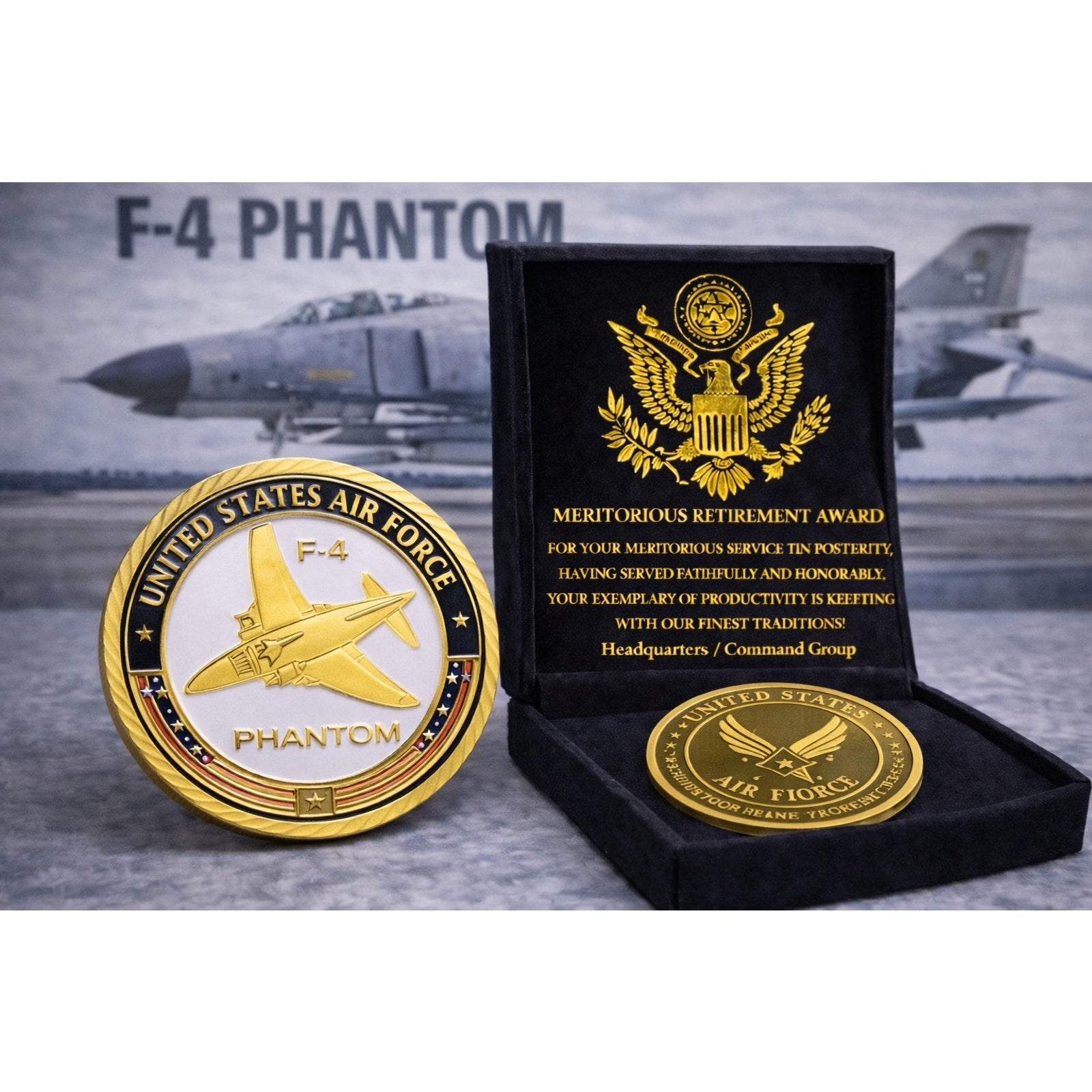 Combat aircraft U S AIR FORCE F-4 PHANTOM Challenge Coin USA w/ Retirement Awar