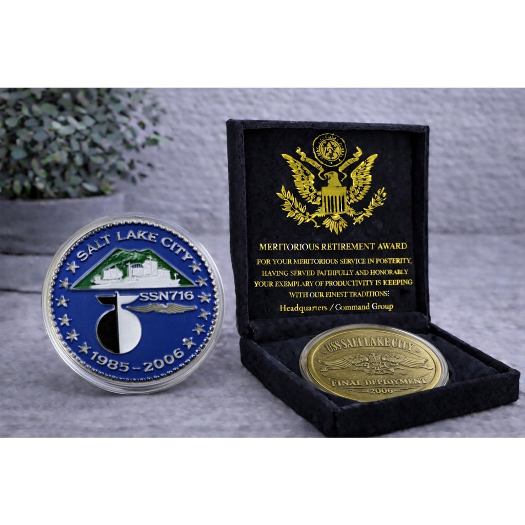 USS Salt Lake City SSN 716 Submarine Challenge Coin USN w/ Retirement Award