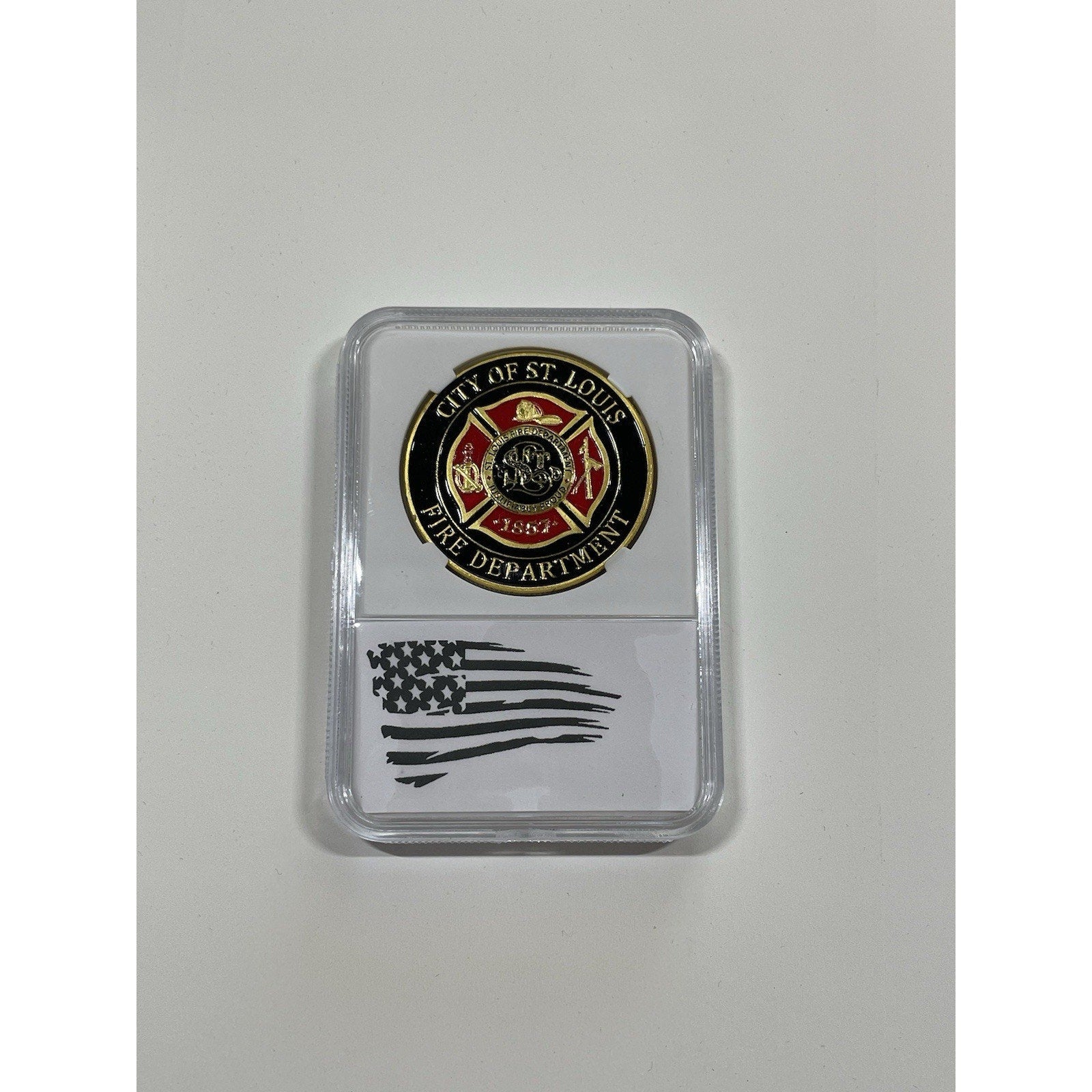 ST. LOUIS FIRE DEPT. Challenge Coin. White Display Case OFFICIAL LIC 23125
