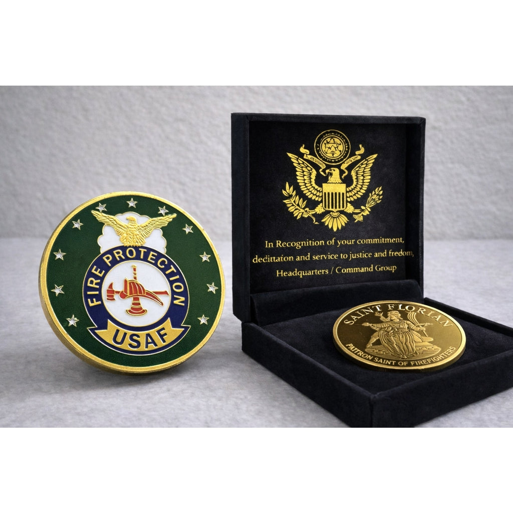 U S AIR FORCE Fire Department Protection Challeng Coin USAF w/ Achievement Award
