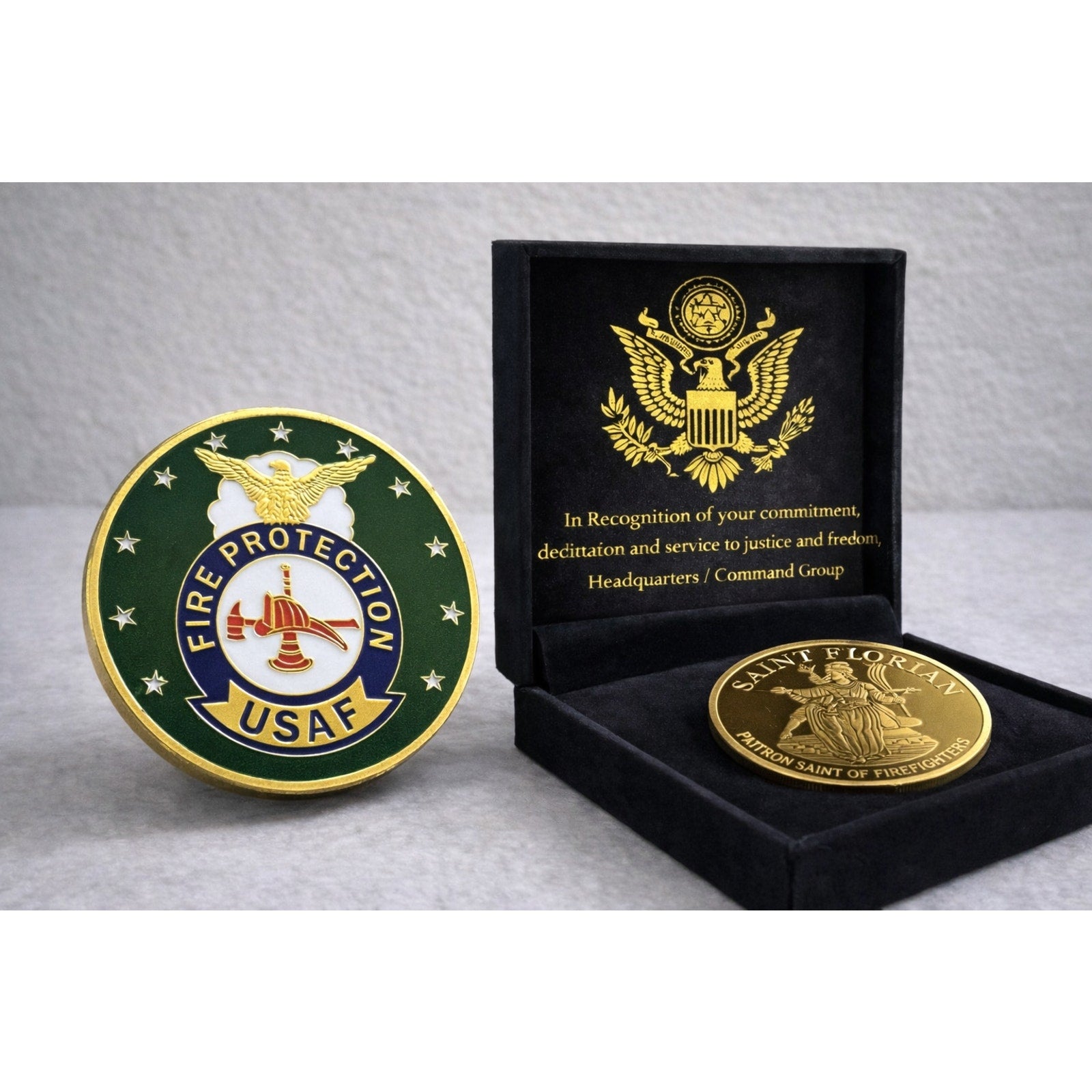 U S AIR FORCE Fire Department Protection Challeng Coin USAF w/ Achievement Award