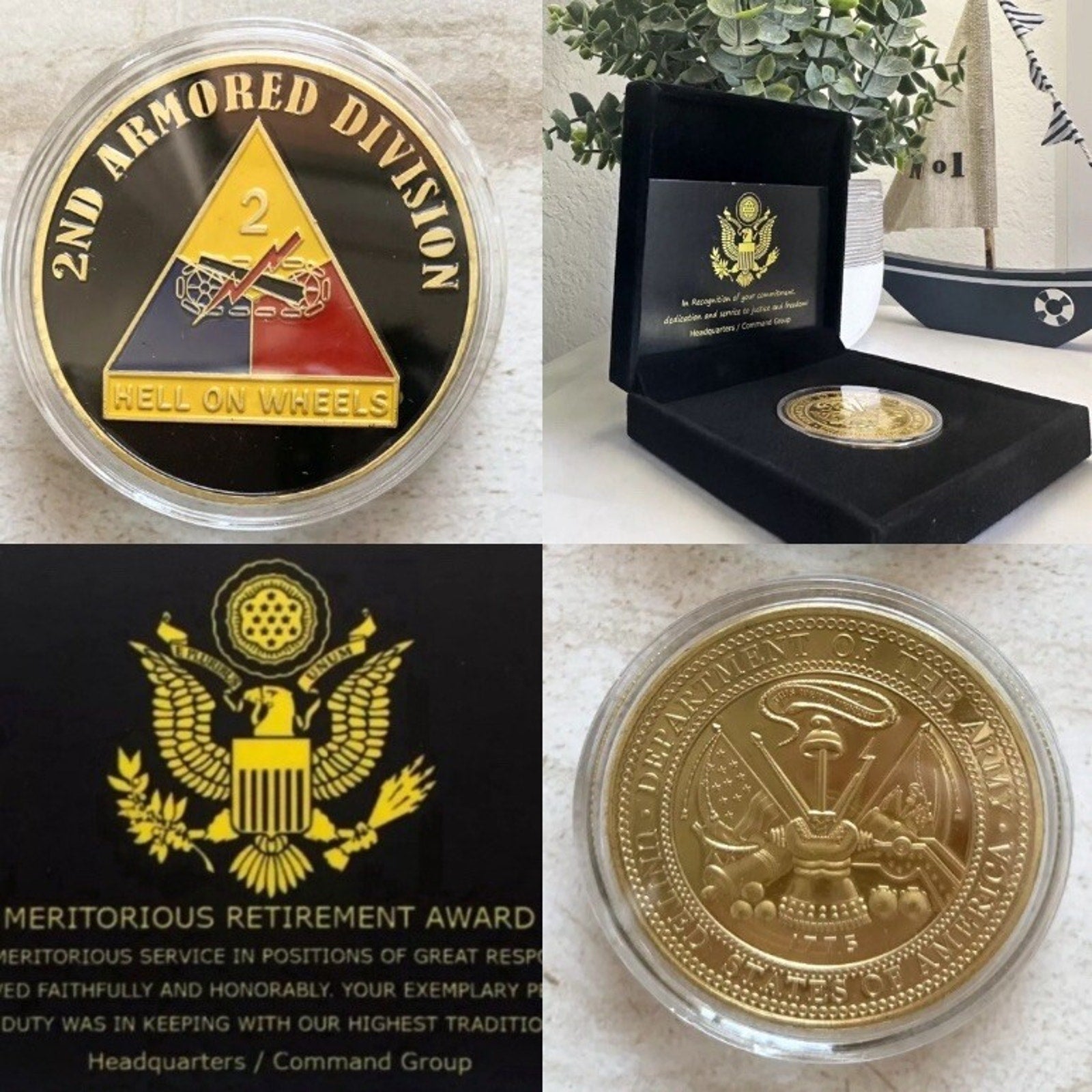 US ARMY 2nd ARMORED DIVISION "Hell On Wheels" Coin W/ Retirement Award