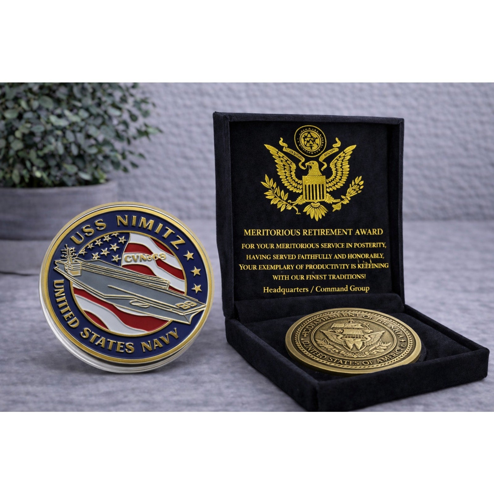 US NAVY - USS NIMITZ CVN-68 Challenge Coin w/ Retirement Award