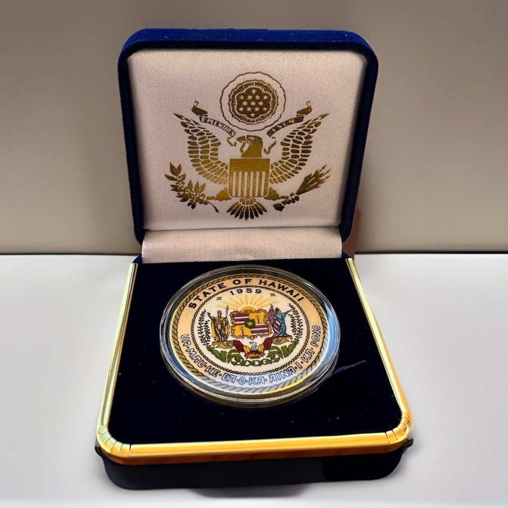 HAWAII State Seal 1959 Colorized Collectible Challenge Coin W/ Blue Velvet Case M