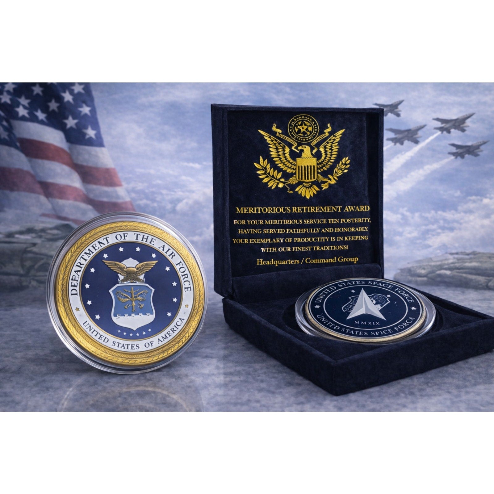 US SPACE FORCE DEPARTMENT OF THE AIR FORCE CHALLENGE COIN w/ Retirement Award