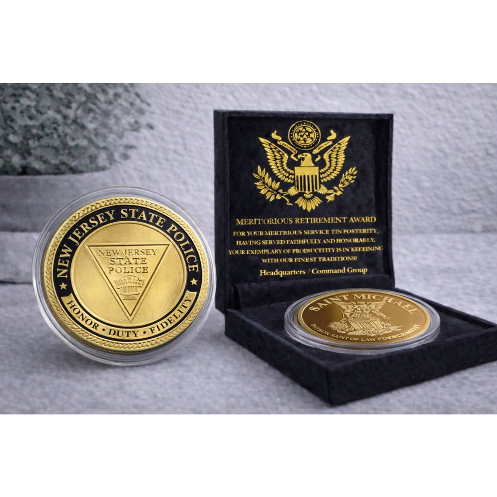 NEW JERSEY STATE POLICE TROOPER ST MICHAEL Challenge Coin w/ Retirement Award