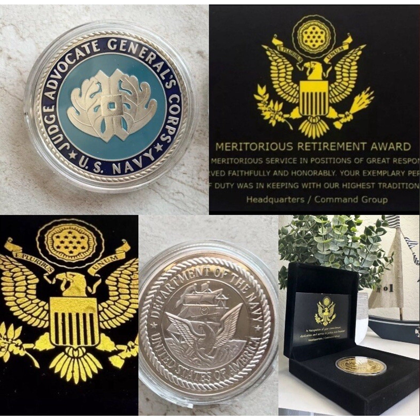 US NAVY (JAG) JUDGE ADVOCATE GENERAL'S CORPS Coin W/ Retirement Award