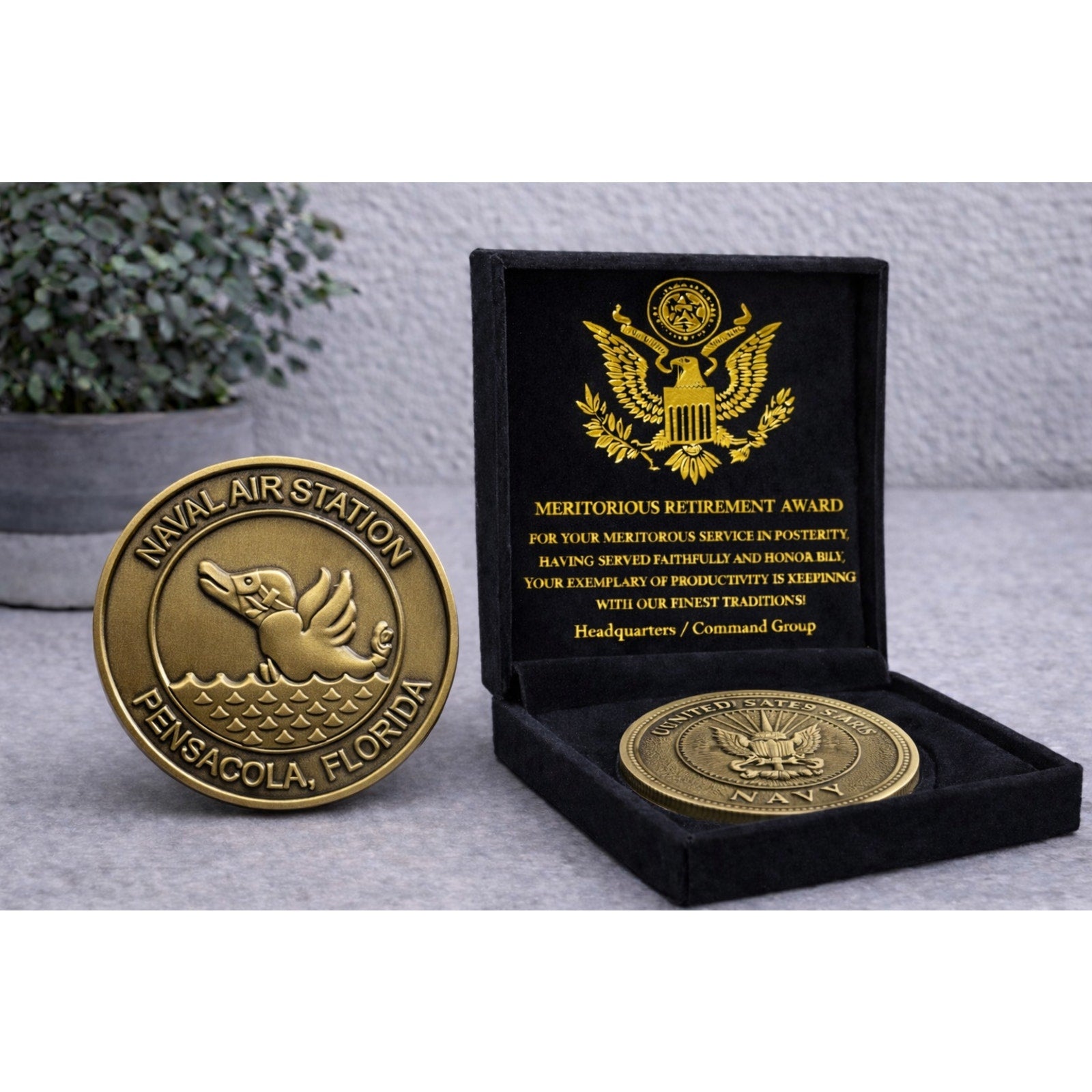 USN Navy aviation Base Challenge Coin NAS Pensacola FL USA w/ Retirement Award