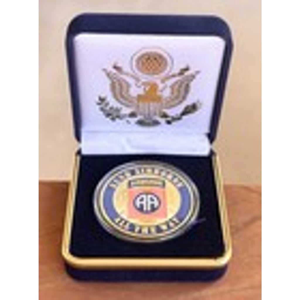 Copied - US ARMY 82nd Airborne Division "All The Way" Challenge Coin W Blue Velvet Case