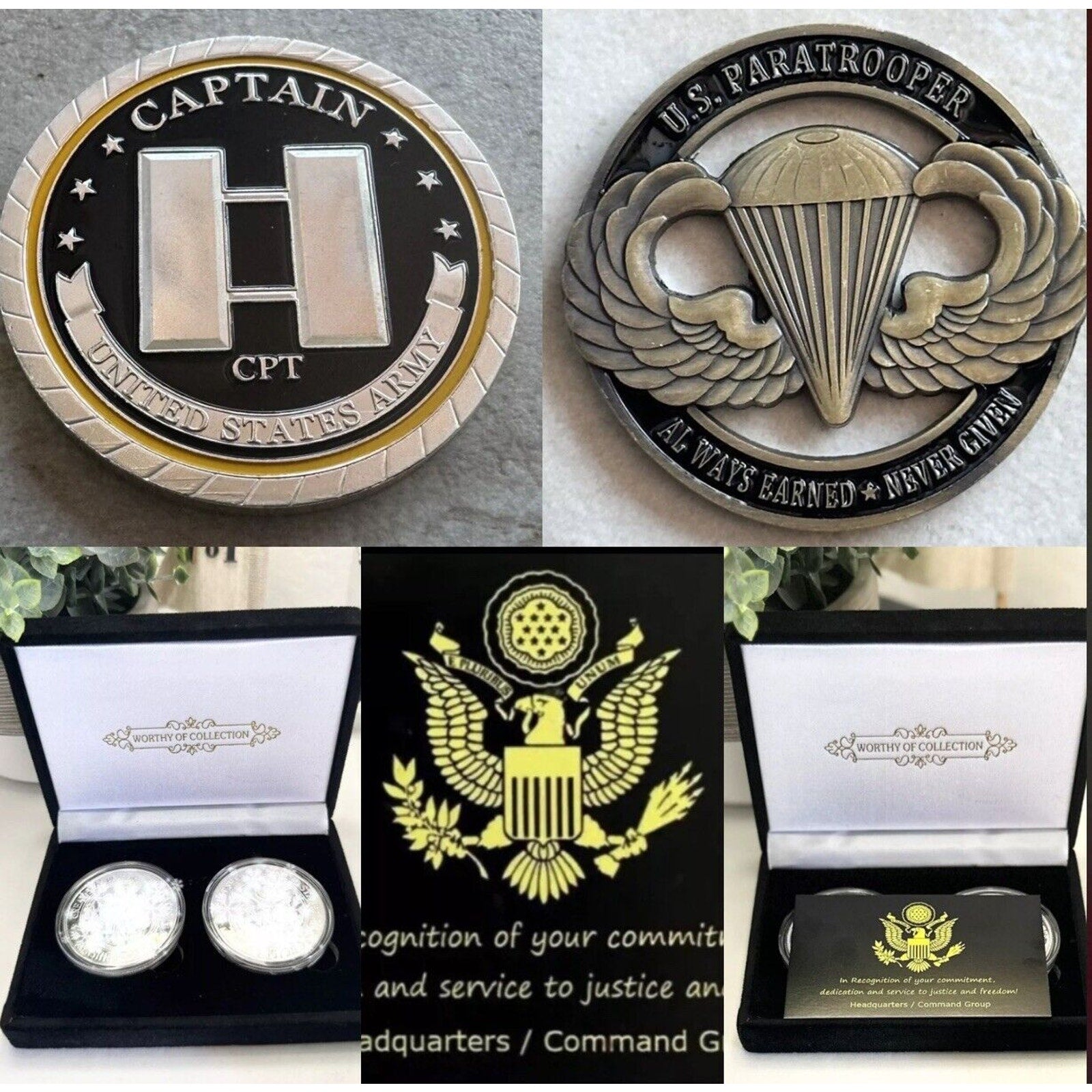 2pcs Army Rank Captain O-3 And 82nd Airborne Wings CHALLENGE COINS