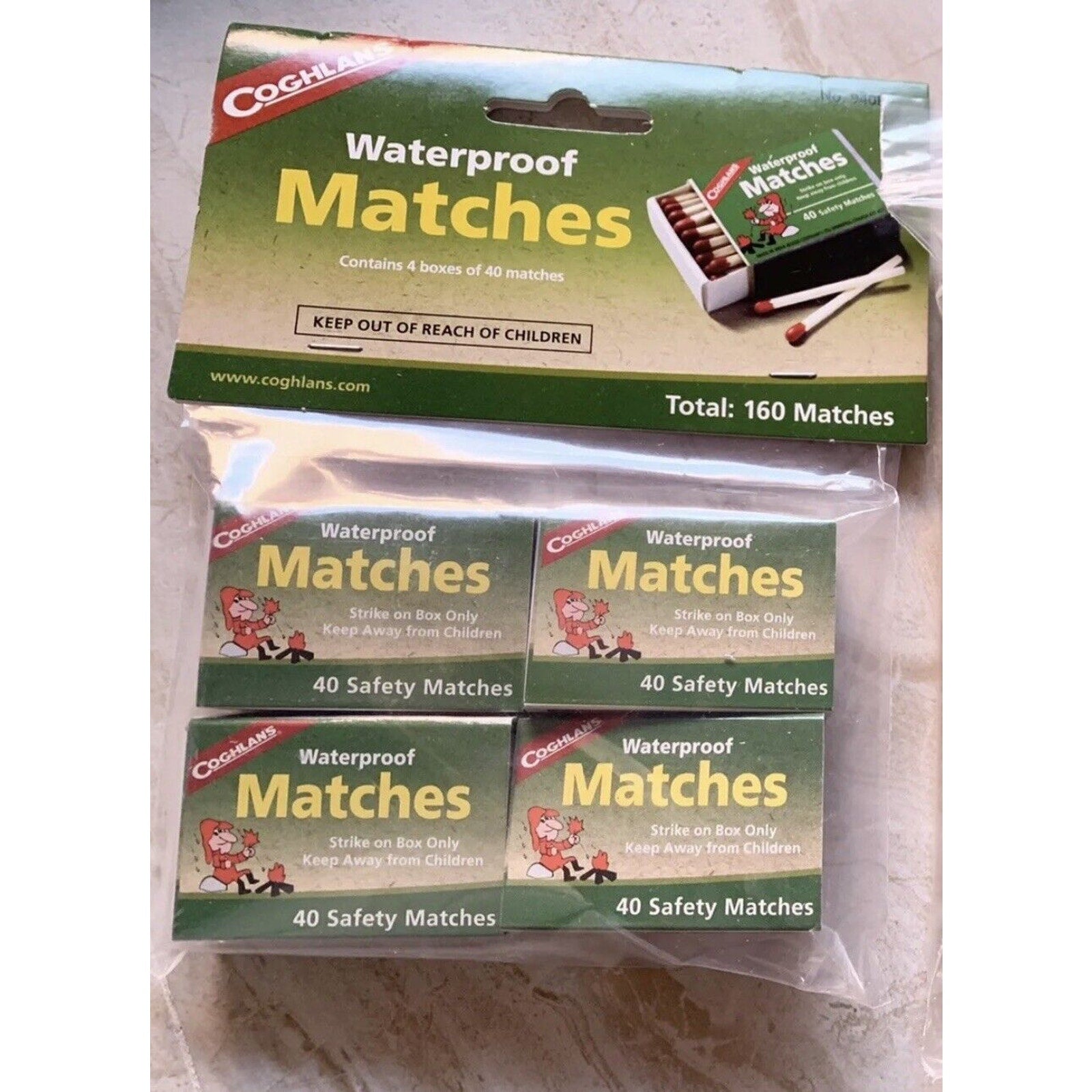 Coghlans Waterproof Matches. 4 Boxes / 160 Matches. Free First Class Shipping!!