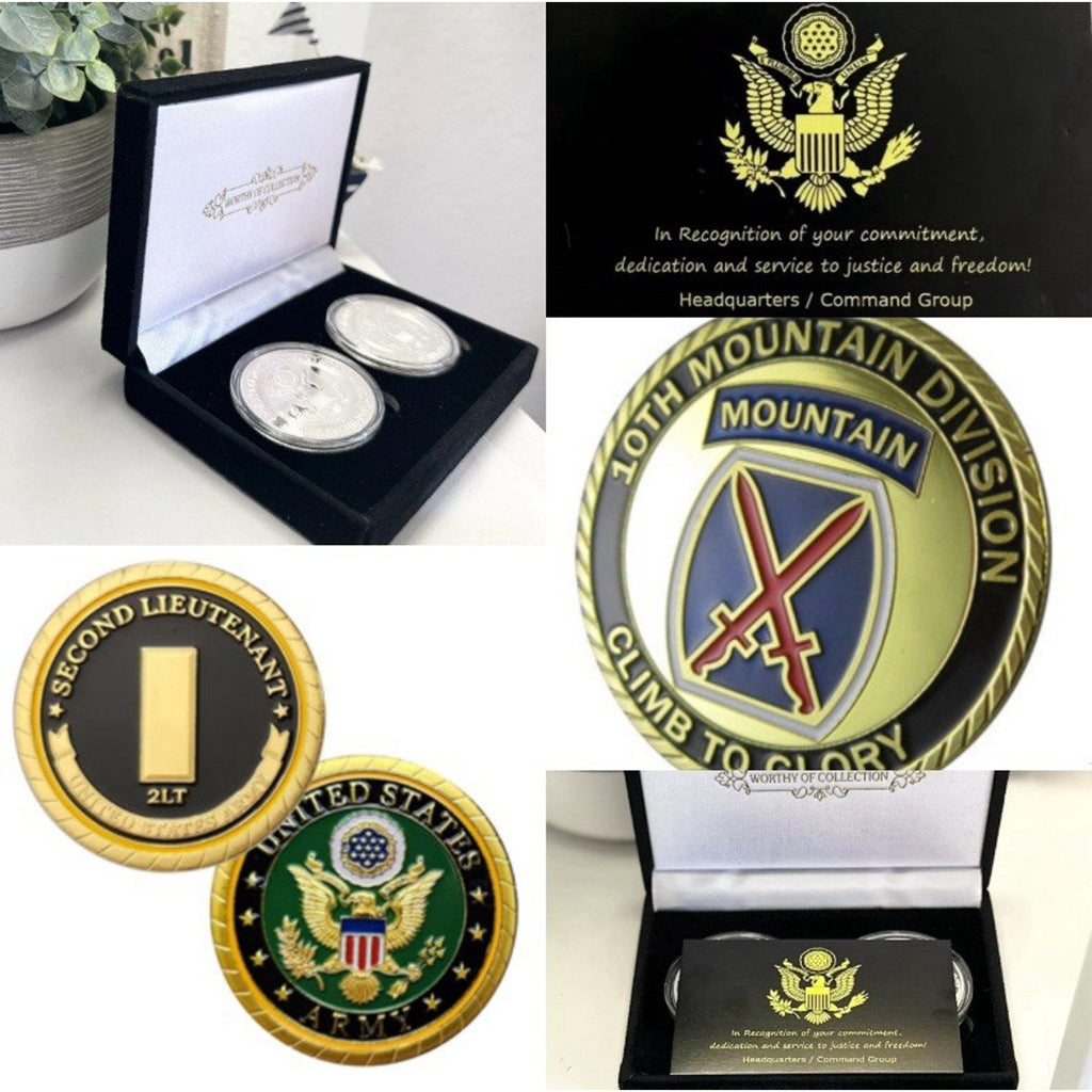 2pcs Army Rank 2LT 2nd O-2 And 10 Th Mountain Division Coin