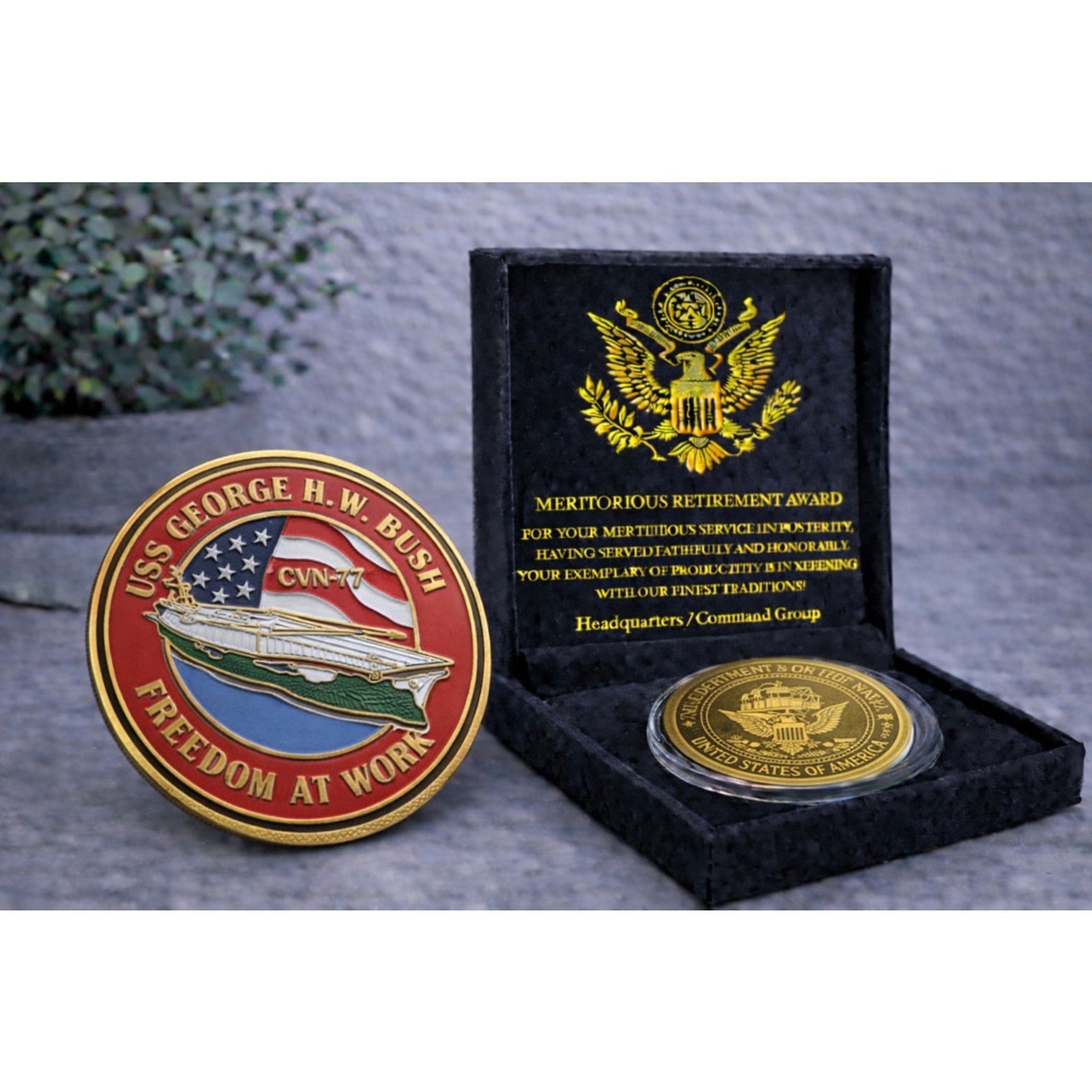 US NAVY USS GEORGE H.W. BUSH CVN-77 Challenge Coin w/ Retirement Award