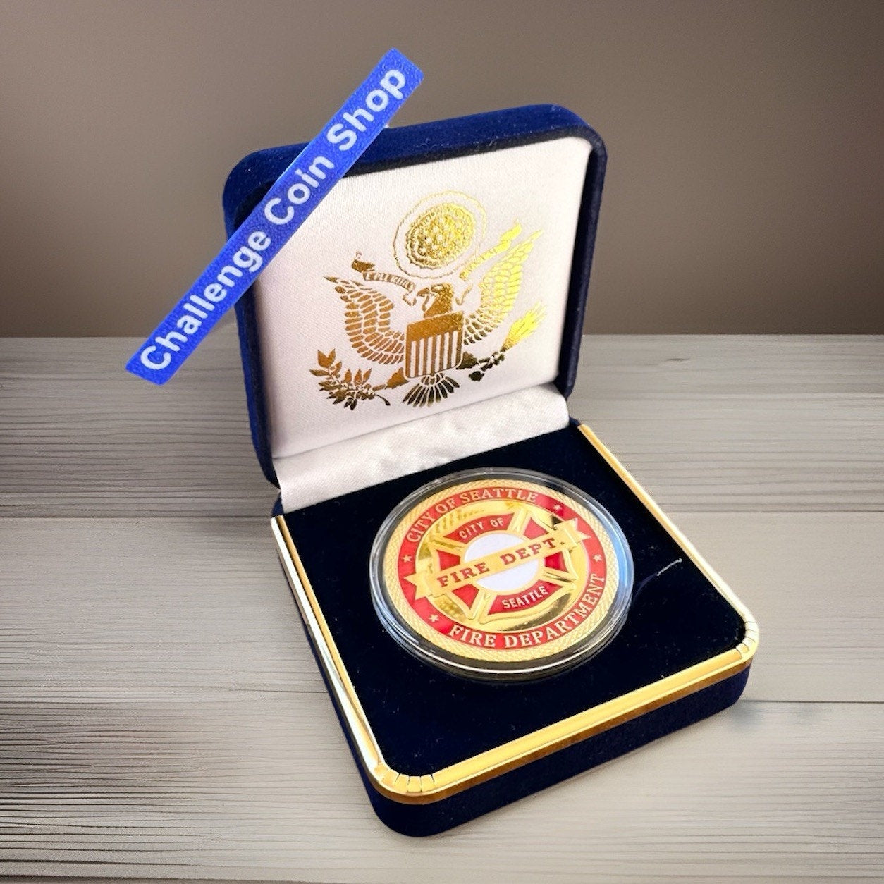 SEATTLE Fire Department Challenge Coin With Blue Velvet Case. Fast Shipping!