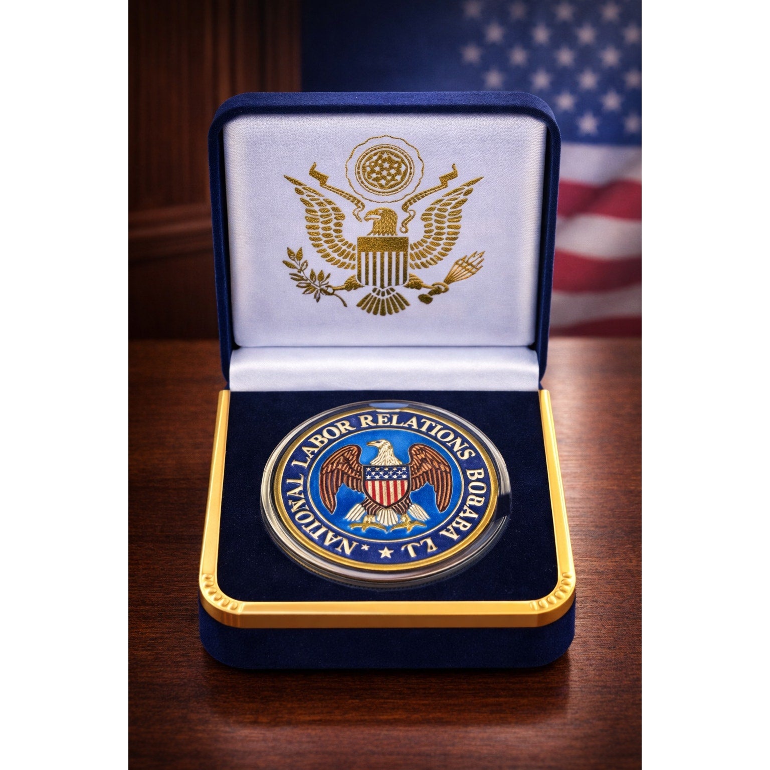 National Labor Relations Board Challenge Coin With Blue Velvet Case.