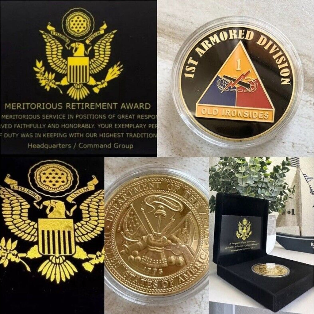 US ARMY 1st ARMORED DIVISION "OLD IRONSIDES" Coin W/Retirement Award