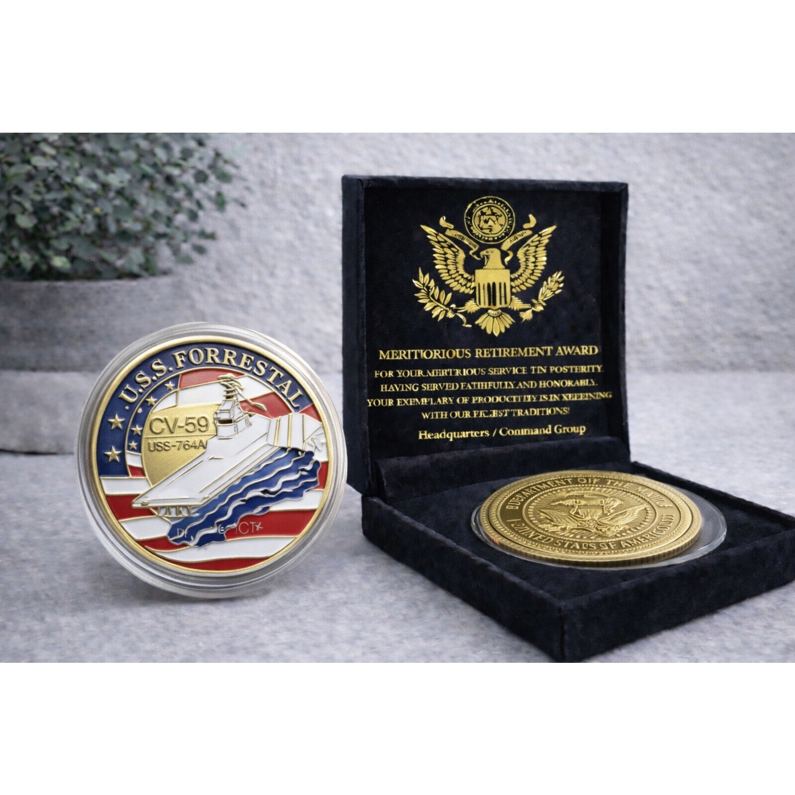 US NAVY USS FORRESTAL CV-59 Challenge Coin w/ Retirement Award