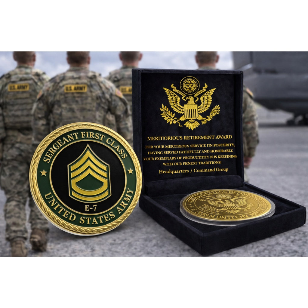 CHALLENGE COIN US ARMY E-7 SFC SERGEANT FIRST CLASS w/ Retirement Award