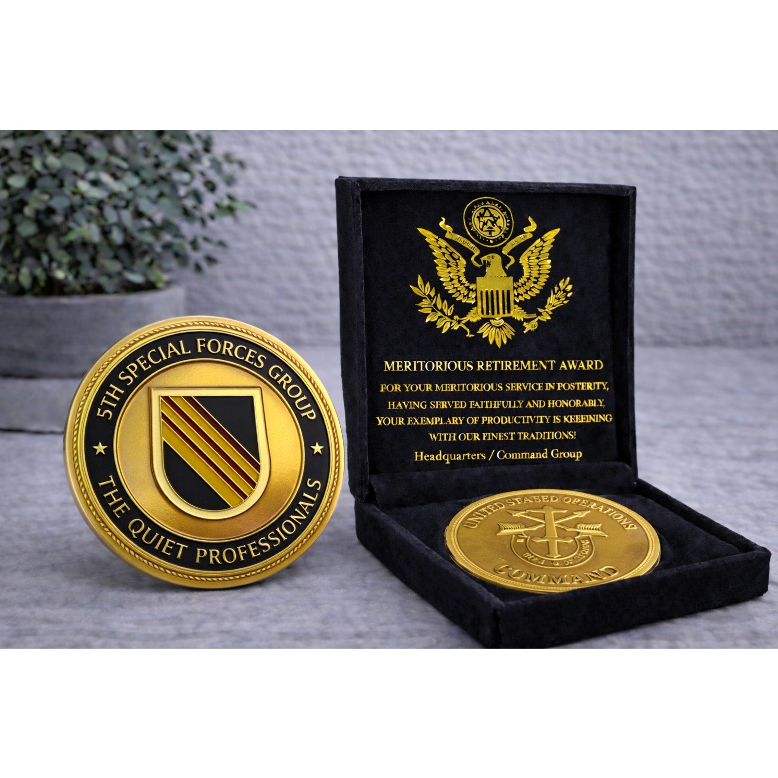U S ARMY SF (Airborne) Challenge Coin w/ Retirement Award