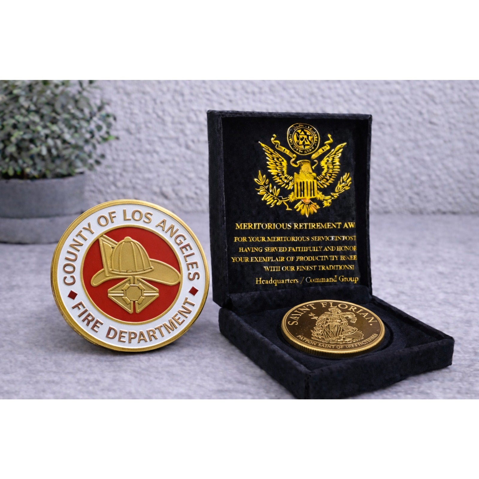 LOS ANGELES COUNTY FIRE DEPT Challenge Coin w/ Retirement Award