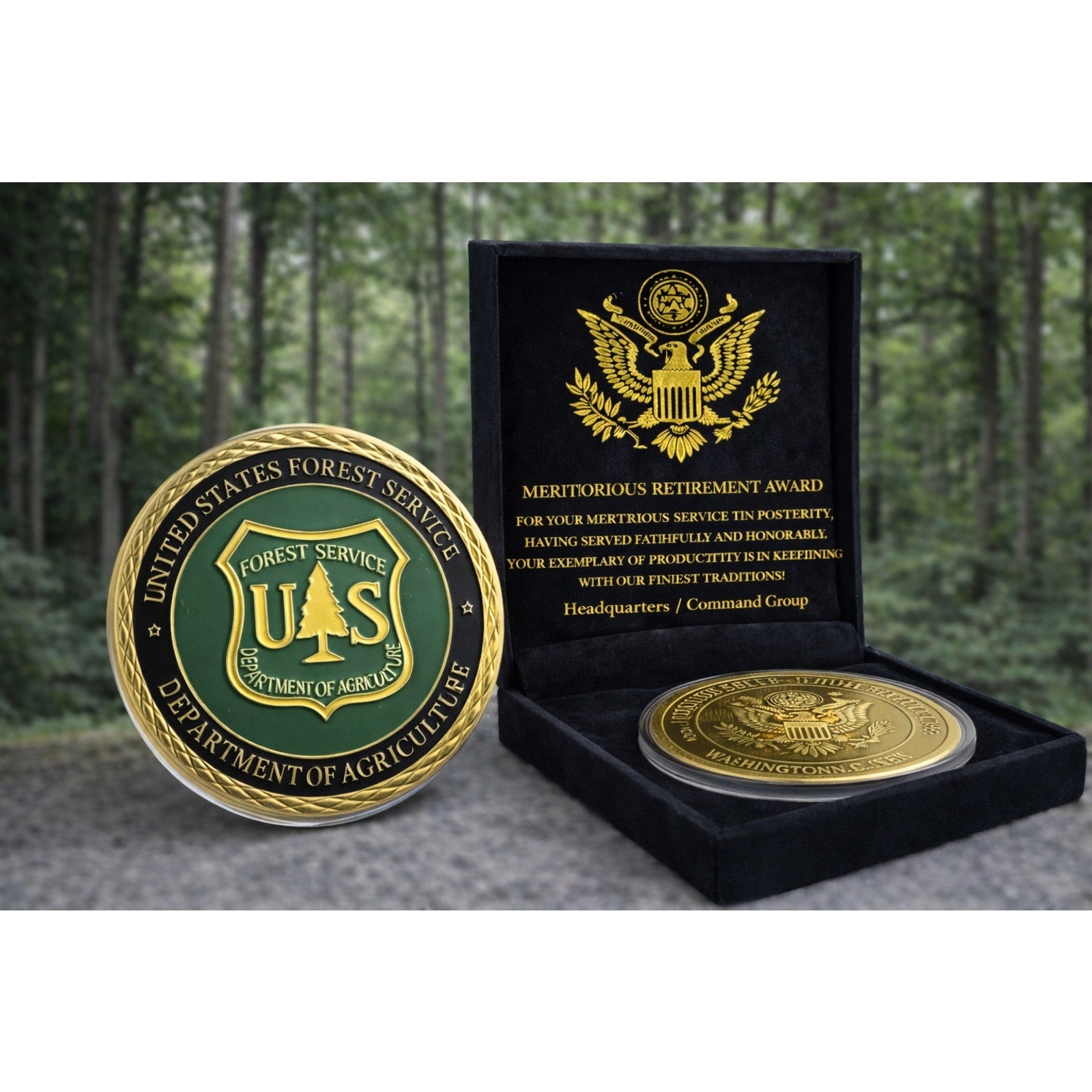 United States Forest Service Government Agency Challenge Coin w/ Retirement Awar