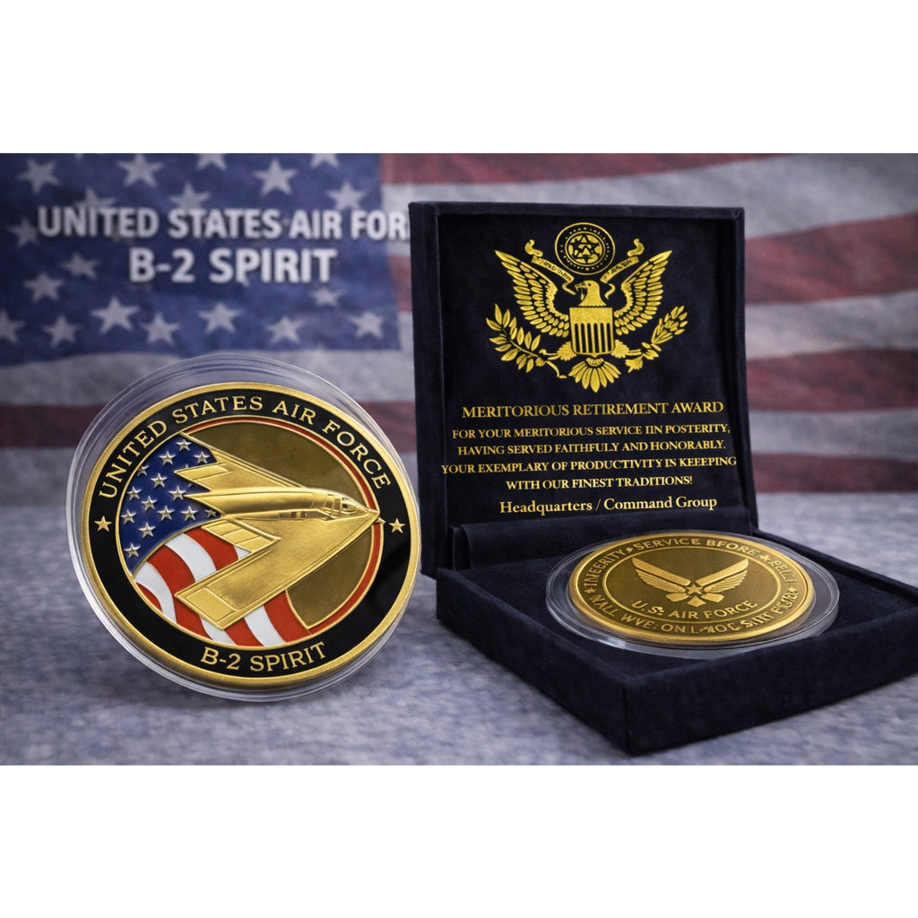 US AIR FORCE B-2 SPIRIT (Stealth Bomber) Challenge Coin w/ Retirement Award