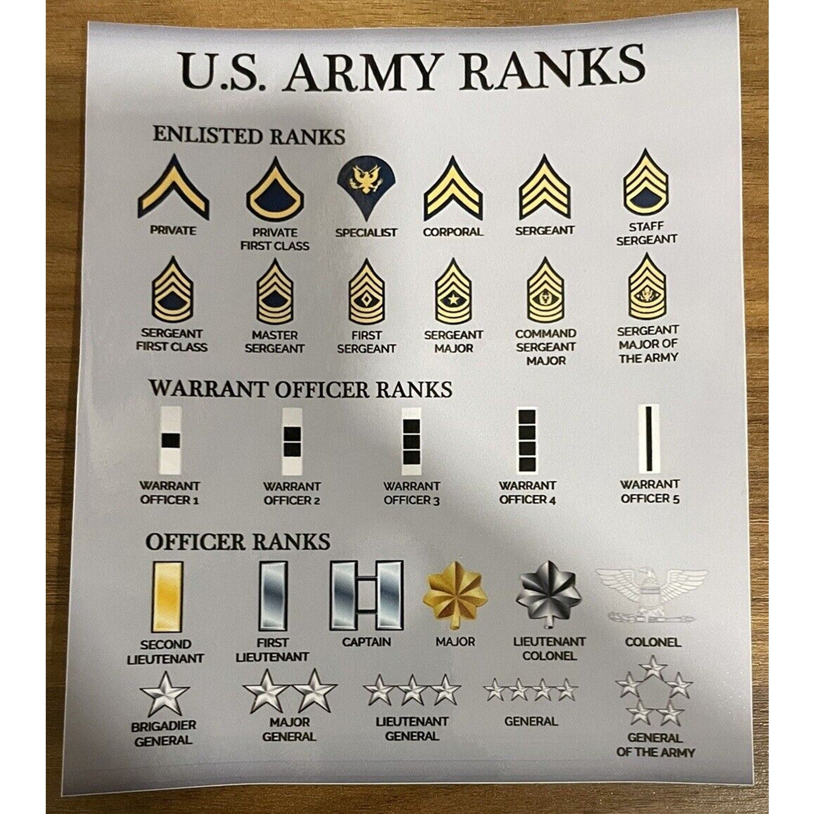 United States 🇺🇸 Army Rank Progression Chart Set Enlisted Officers Warrant