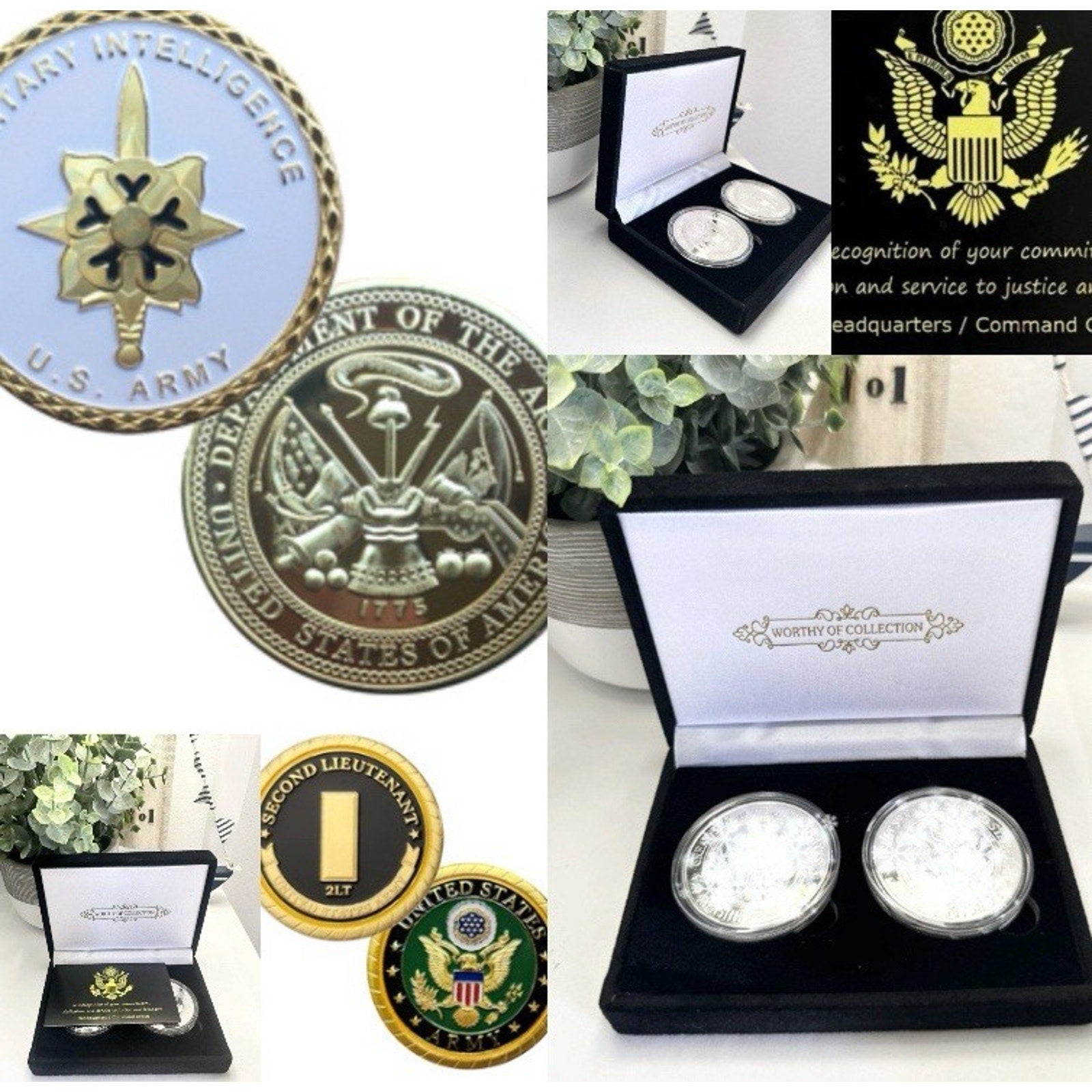 2pcs Army Rank 2LT 2nd O-2 And Military Intelligence Coin
