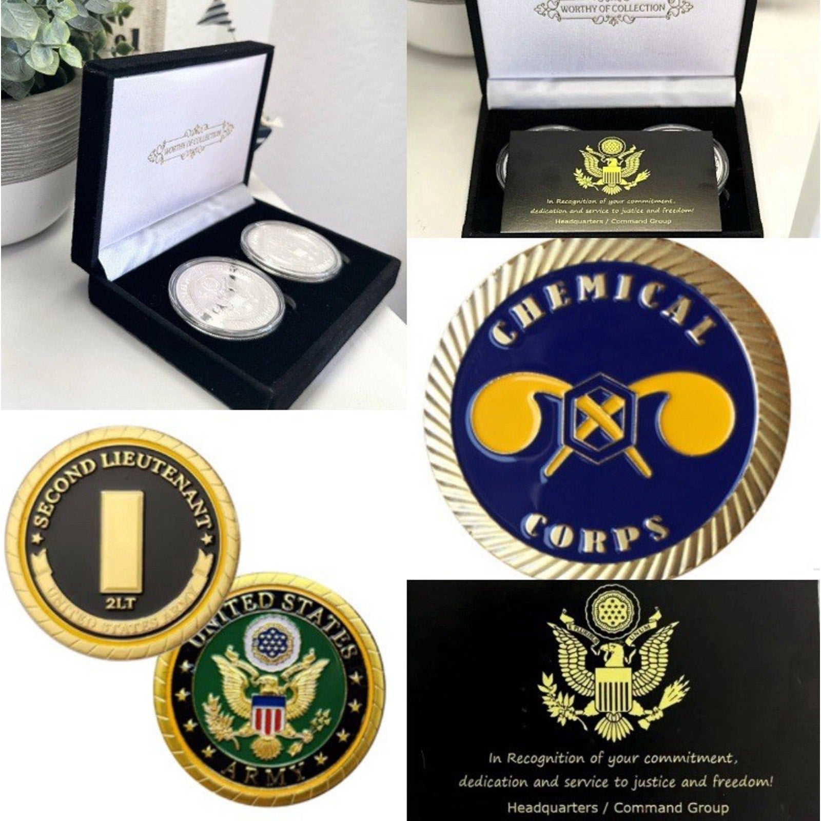 2pcs Army Rank 2LT 2nd O-2 And Chemical Corps Coin