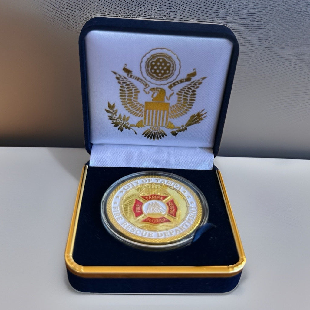 TAMPA FIRE-RESCUE DEPT Challenge Coin With Blue Velvet Case. Fast Shipping!