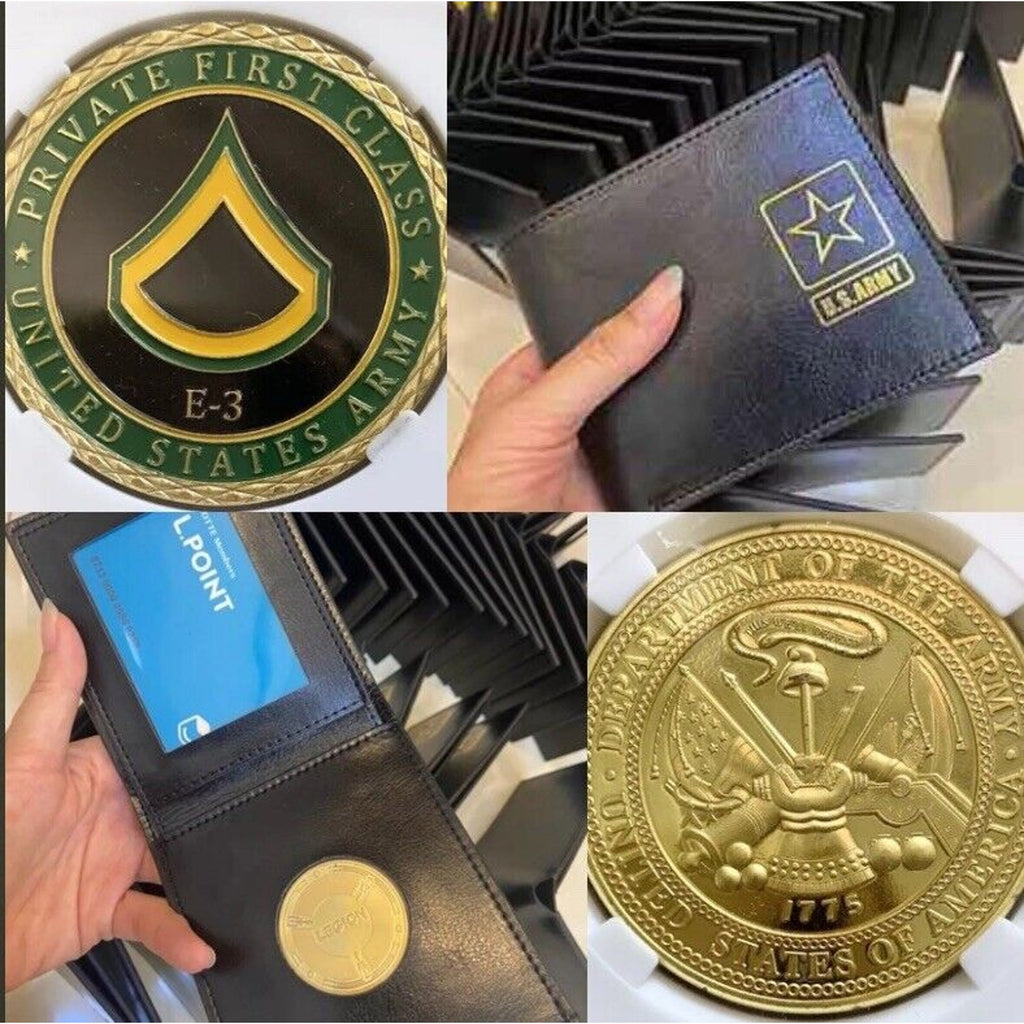 US ARMY " PRIVATE FIRST CLASS E-3 " Rank with Credential coin holder wallet