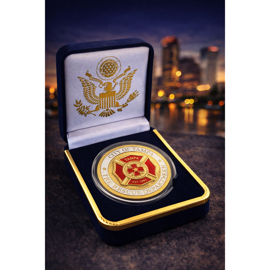 TAMPA FIRE-RESCUE DEPT Challenge Coin With Blue Velvet Case. Fast Shipping!