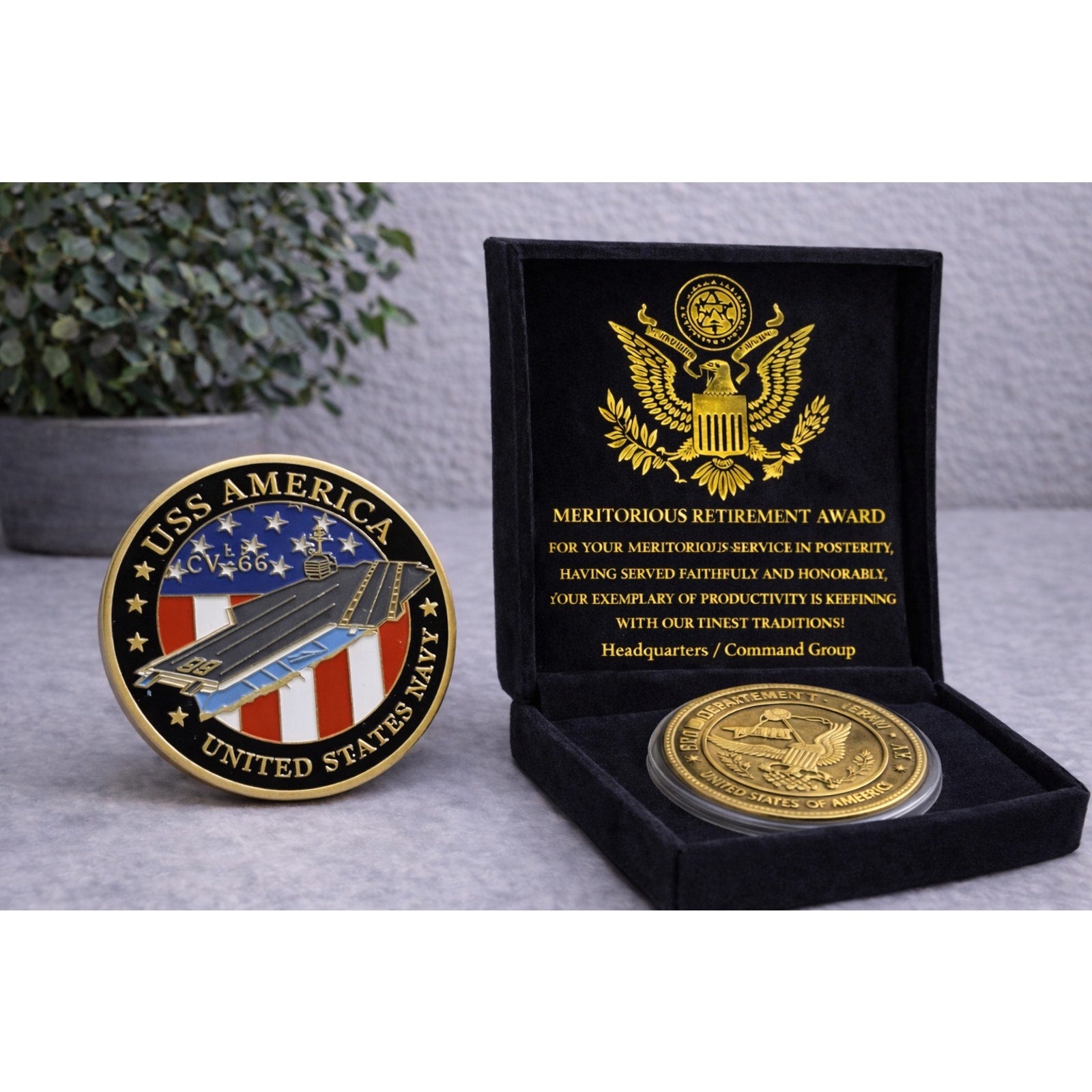 US NAVY - USS AMERICA CV-66 Aircraft Carrier Challenge Coin w/ Retirement Award