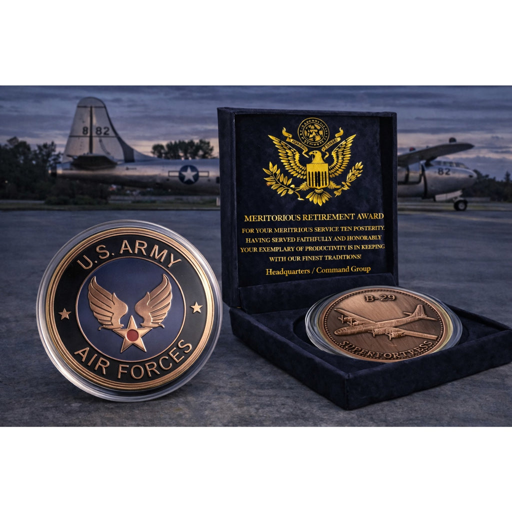 U S ARMY AIR FORCES B-29 SUPERFORTRESS Challenge Coin w/ Retirement Award