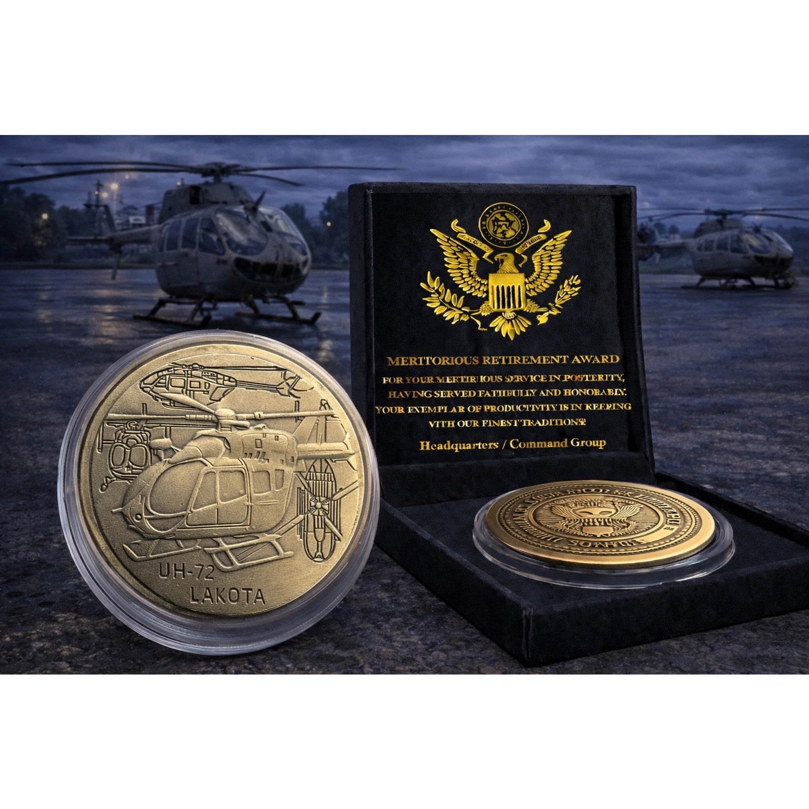 US ARMY UH-72 Lakota Helicopter Achievement coin Medallion w/ Retirement Award
