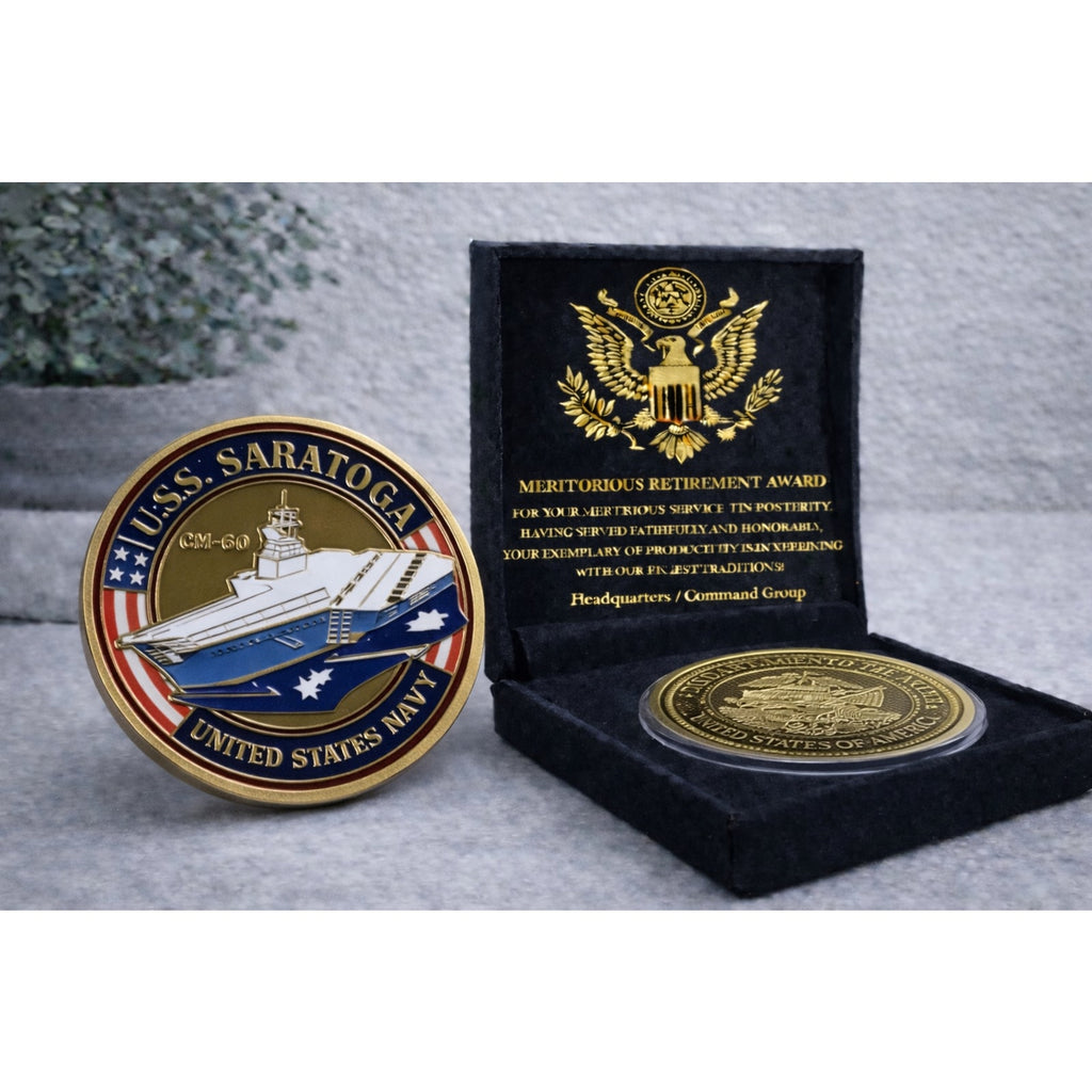 US NAVY - USS SARATOGA - CV-60 - Challenge Coin USN w/ Retirement Award