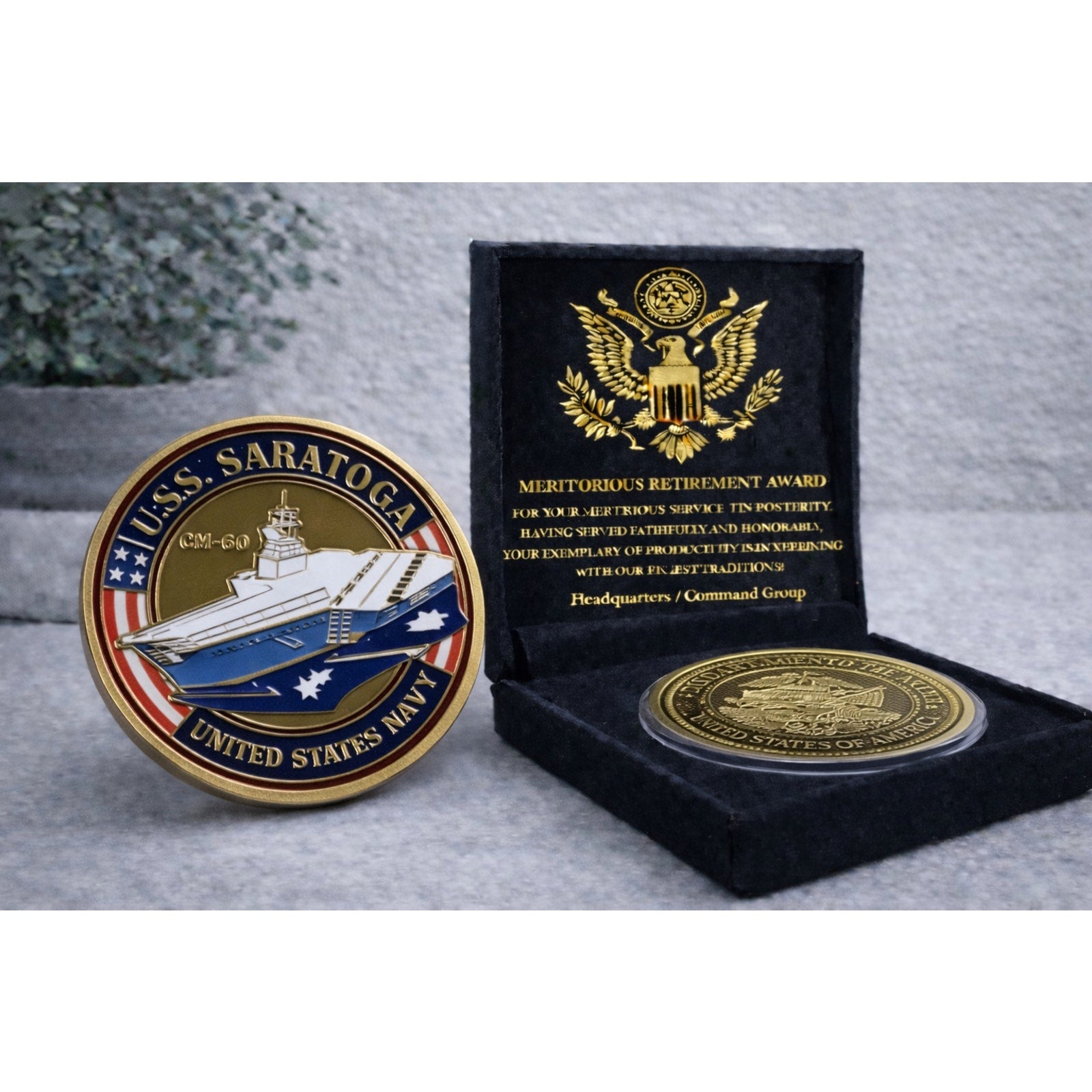 US NAVY - USS SARATOGA - CV-60 - Challenge Coin USN w/ Retirement Award