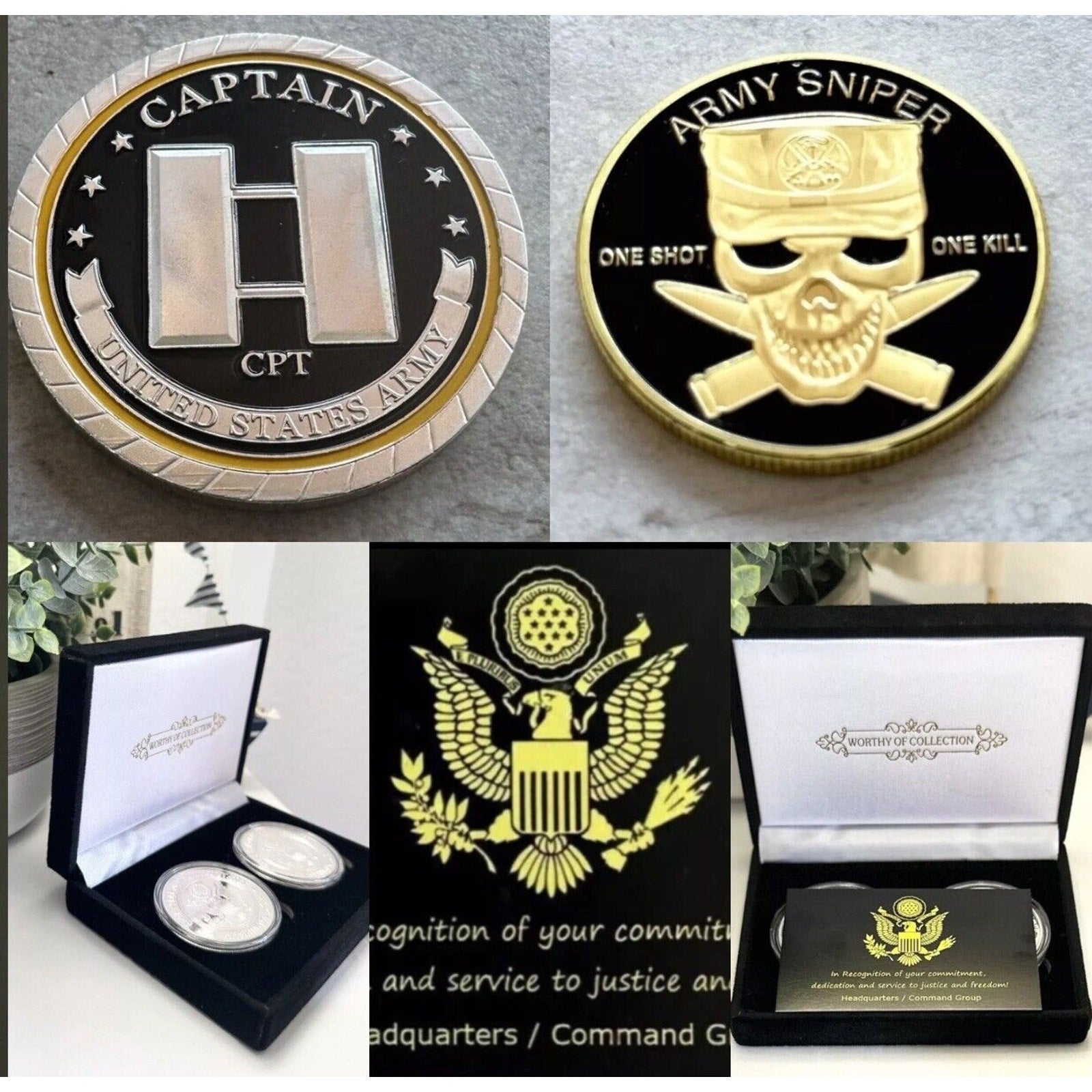 2pcs Army Rank Captain O-3 And SNIPER ONE SHOT ONE KILL CHALLENGE COINS