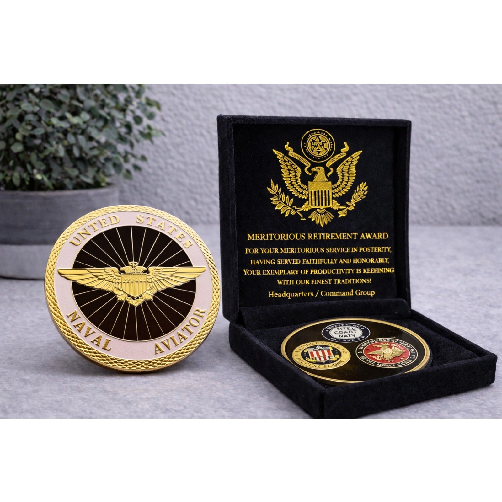 USN NAVAL AVIATOR GOLD WINGS PILOT TOP GUN NAVY USA w/ Retirement Award