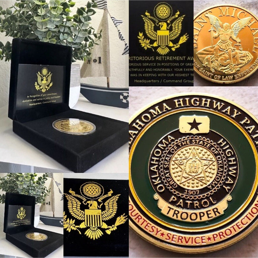 Oklahoma Highway Patrol Officer Badge Challenge Coin With Retirement Award