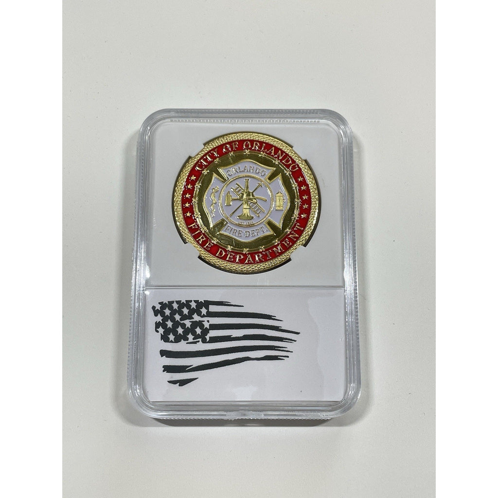 CITY OF ORLANDO FIRE DEPT. Challenge Coin In White Display Case.