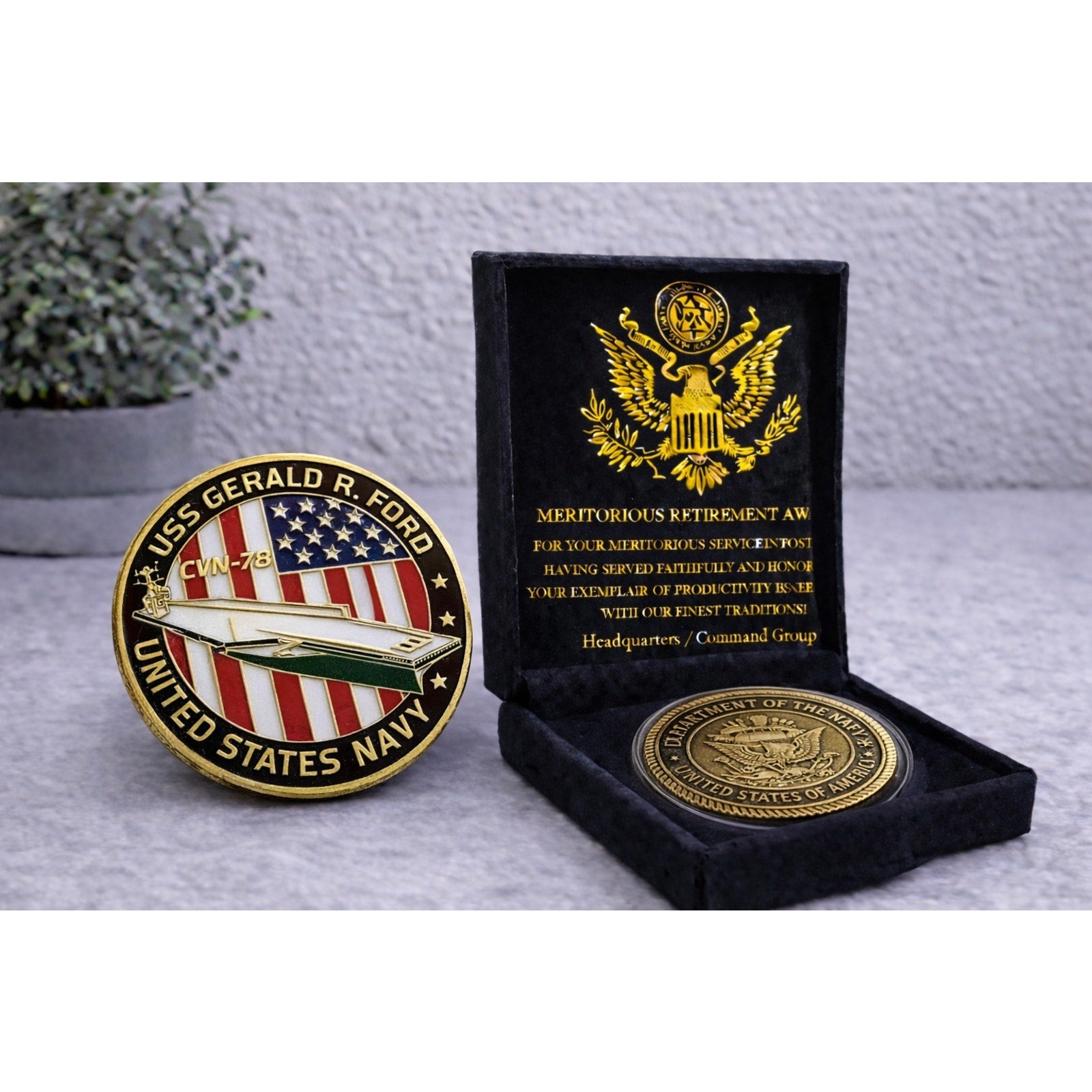 US NAVY - USS Gerald R. Ford CV-78 Challenge Coin w/ Retirement Award