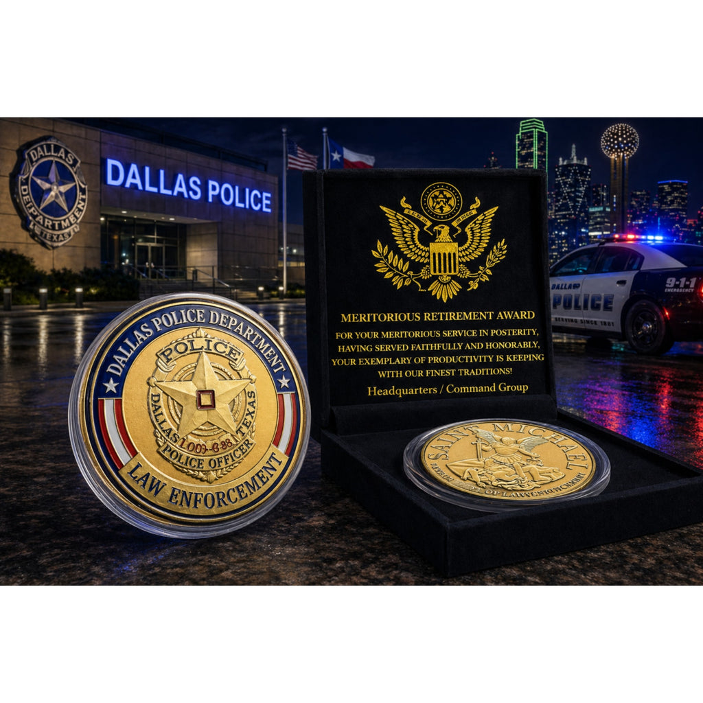 DALLAS TEXAS POLICE DEPARTMENT GOLD FINISH Coin 40mm New W/ Retirement Award