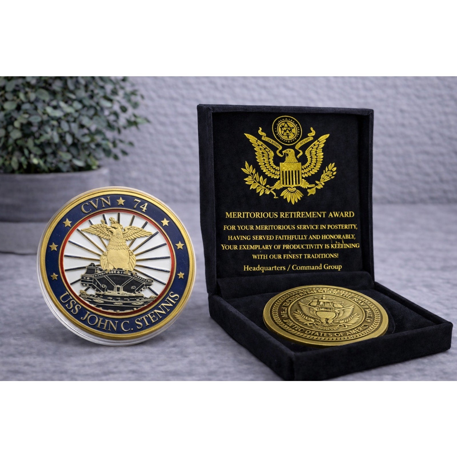 US NAVY USS JOHN C. STENNIS CVN-74 Challenge Coin w/ Retirement Award