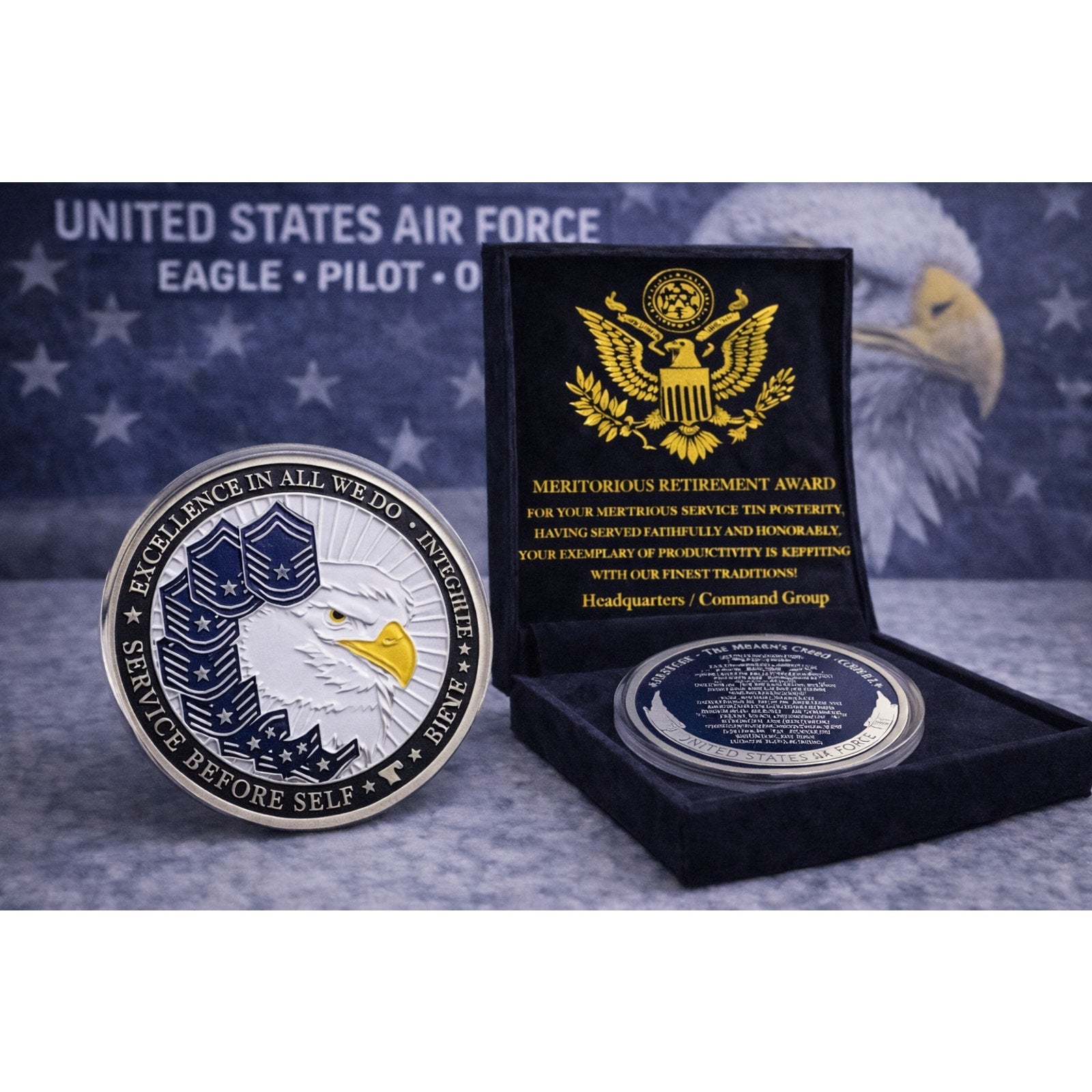 Air Force Challenge Coin Eagle-Pilot Oath Airman's Creed w/ Retirement Award