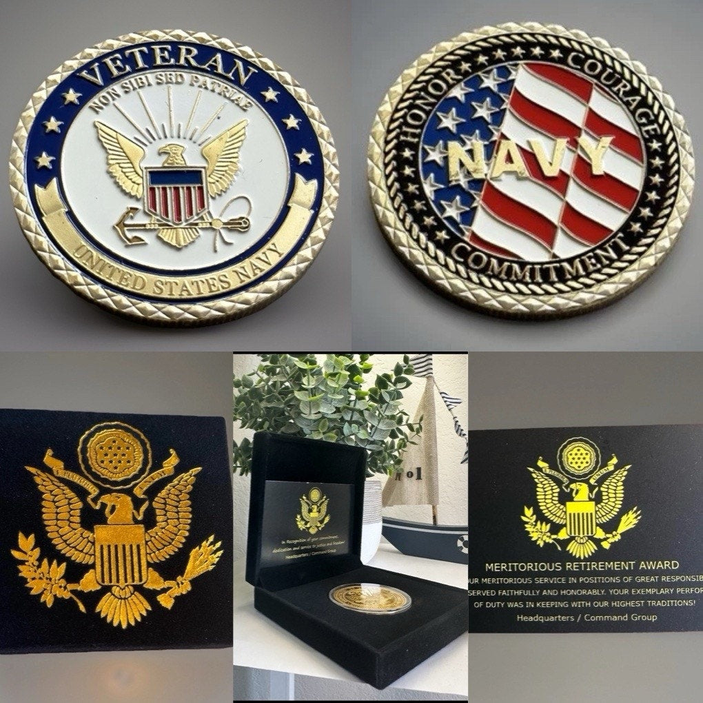 US NAVY VETERAN Challenge Coin With Black Velvet Case Retirement Award