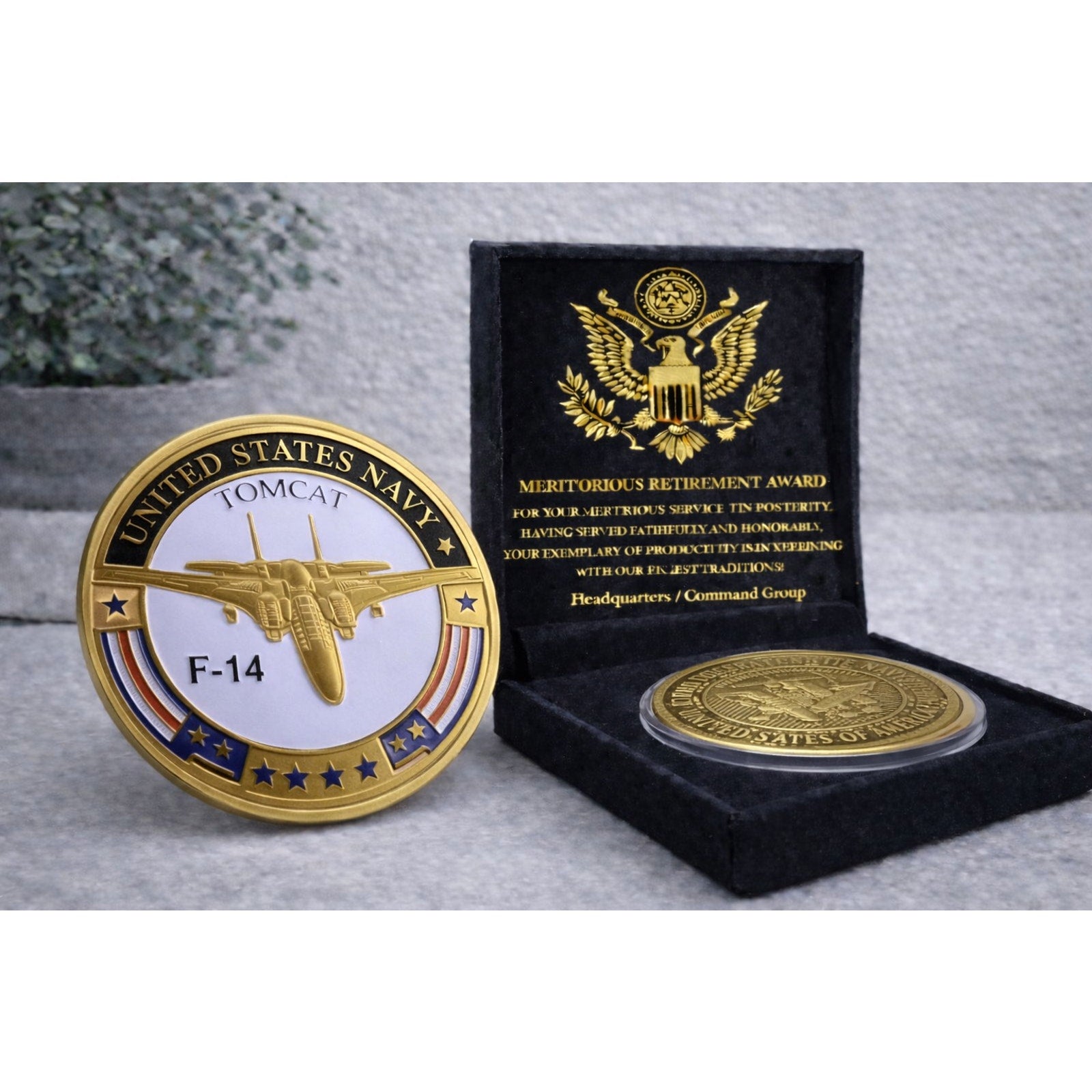 U S NAVY F-14 TOMCAT Challenge Coin USN w/ Retirement Award