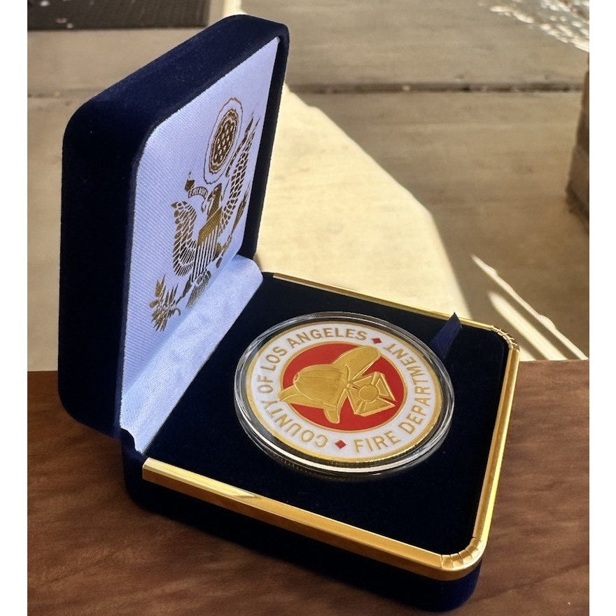 LACFD LOS ANGELES COUNTY FIRE DEPARTMENT Gold Plated Challenge Coin With Case